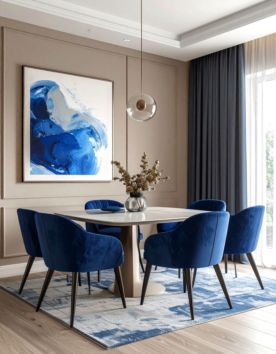Greige dining room with blue accents - 30 greige dining room ideas