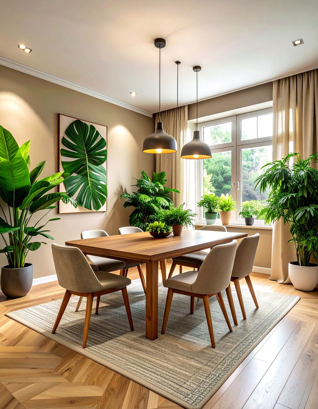 Greige dining room with green plants - 30 greige dining room ideas