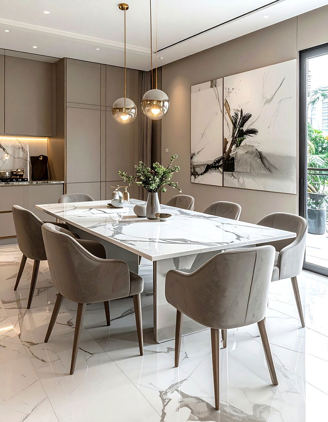 Greige dining room with marble table - 30 greige dining room ideas