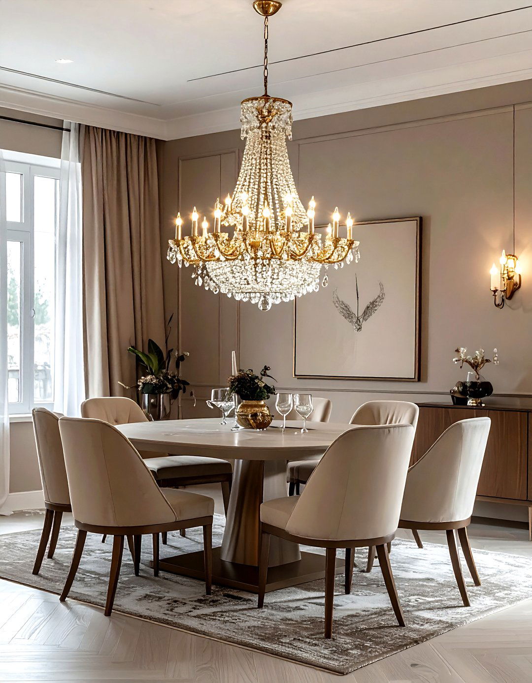 Greige dining room with statement chandelier - 30 greige dining room ideas