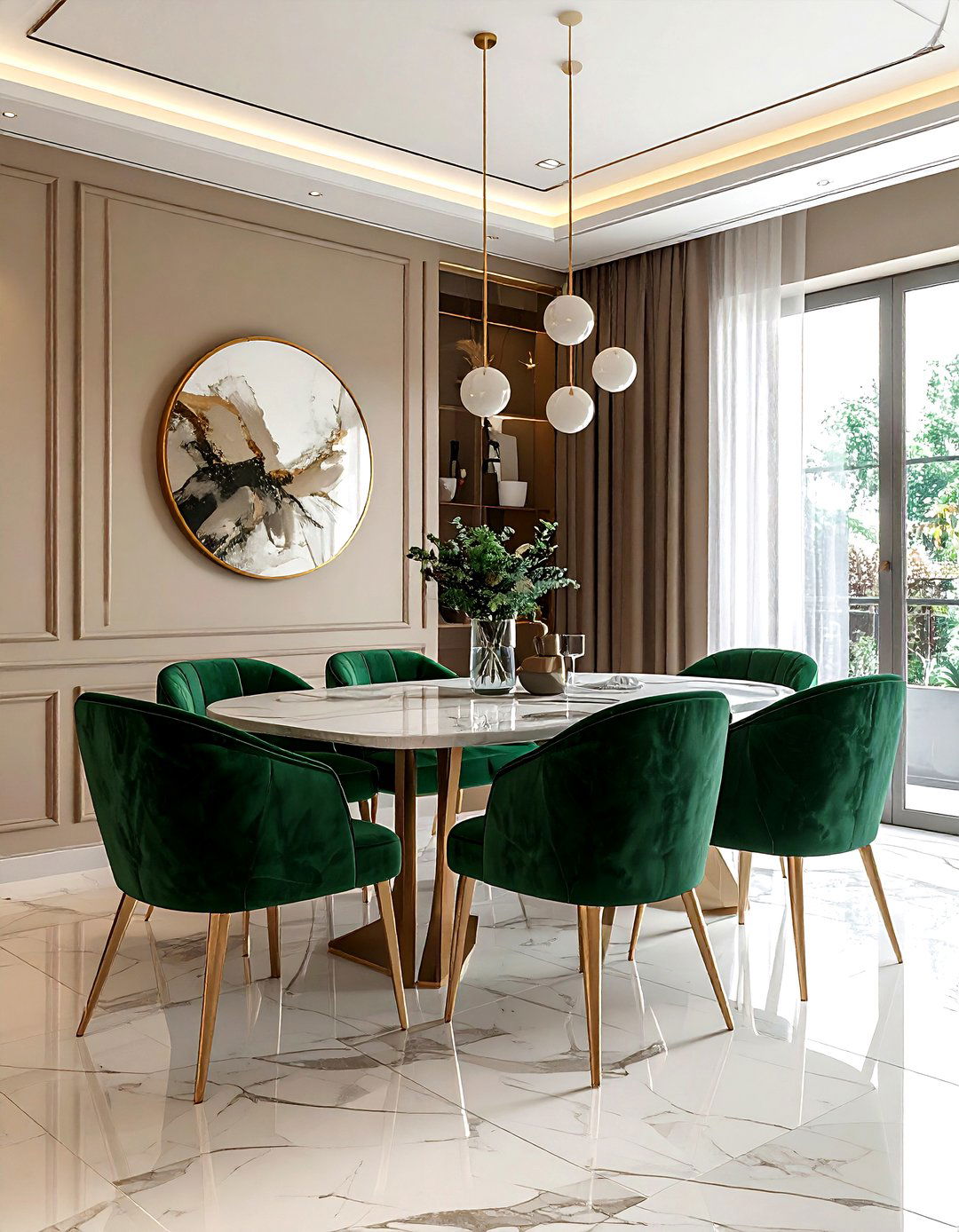 Greige dining room with velvet chairs - 30 greige dining room ideas