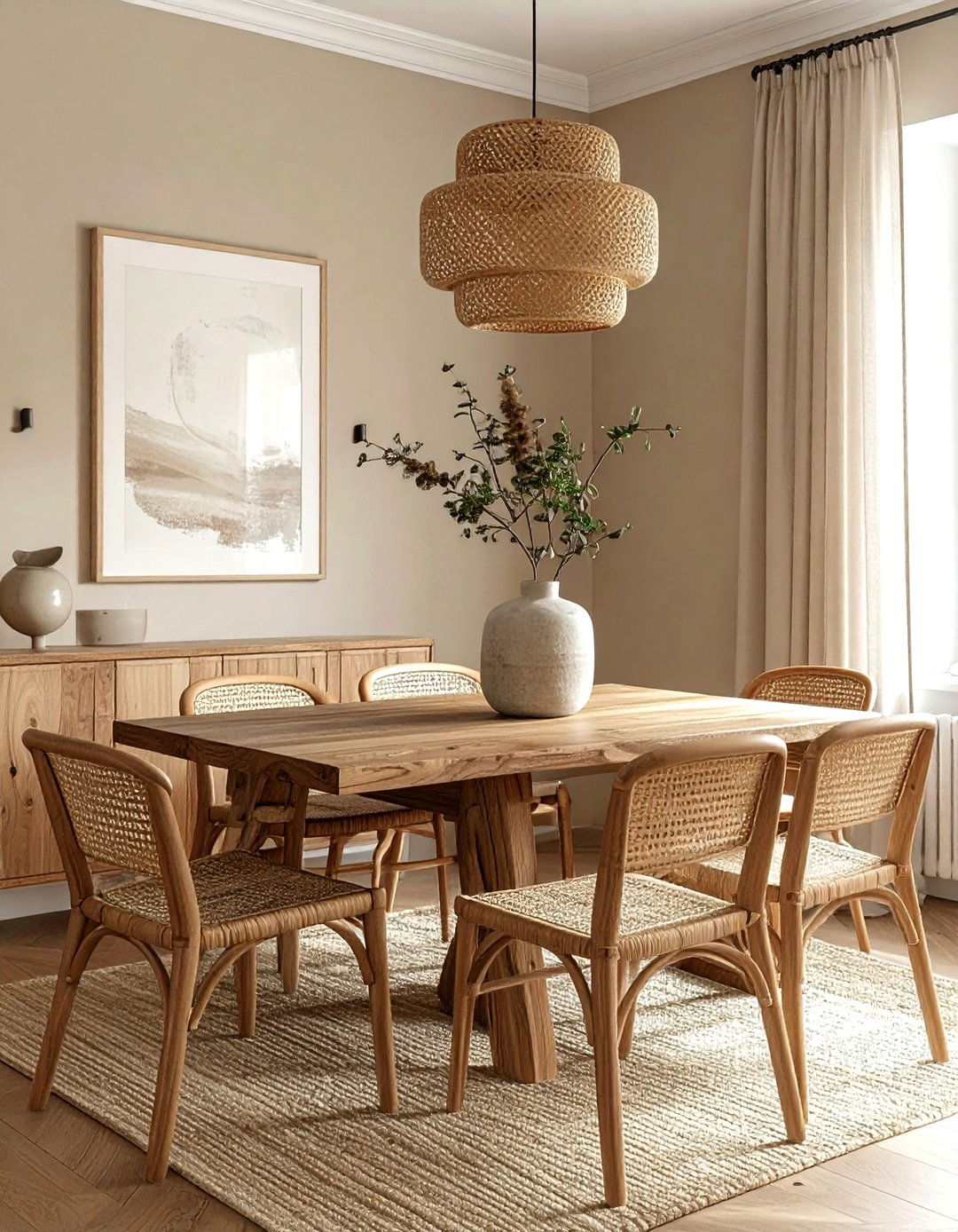 Greige dining room with wood table - 30 greige dining room ideas