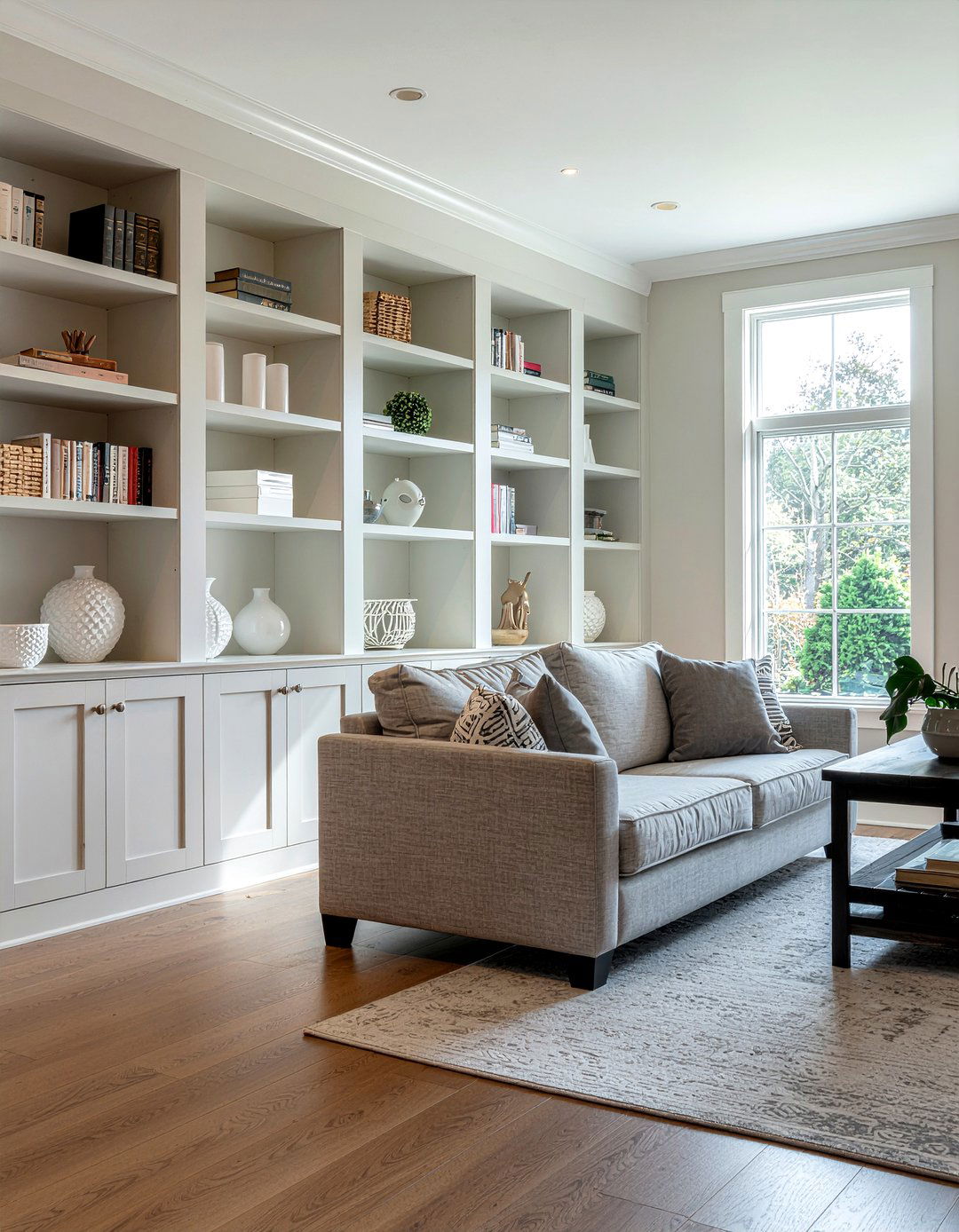 Greige living room with built in shelves - 30 greige living room ideas