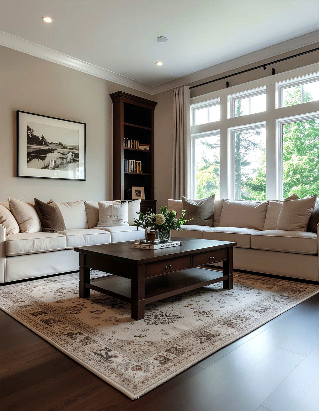 Greige living room with dark wood - 30 greige living room ideas