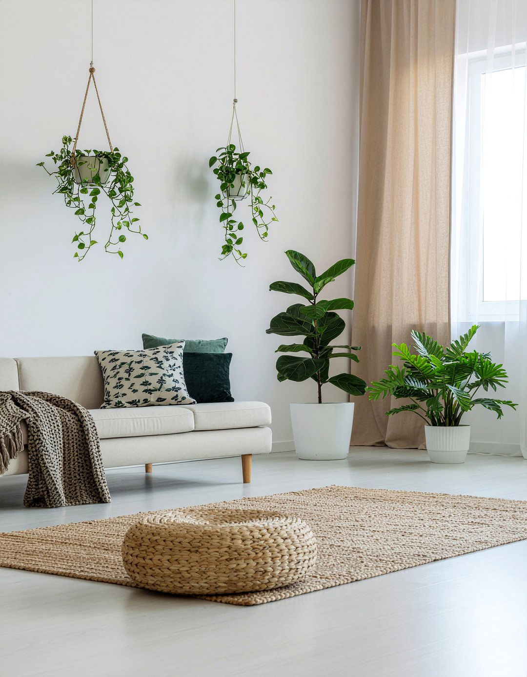Greige living room with green plants - 30 greige living room ideas