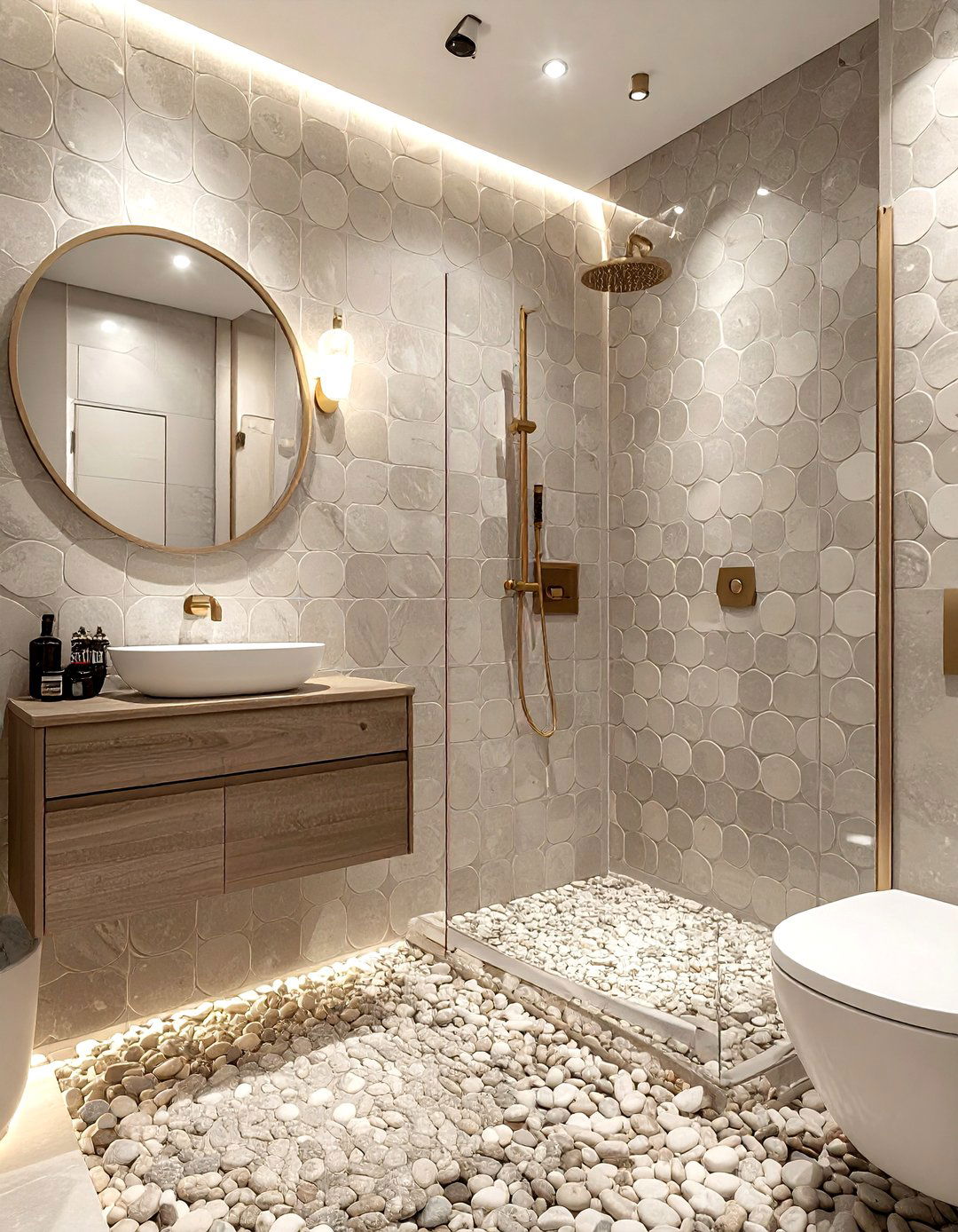 Greige penny tile shower wall - 30 penny round tile bathroom ideas