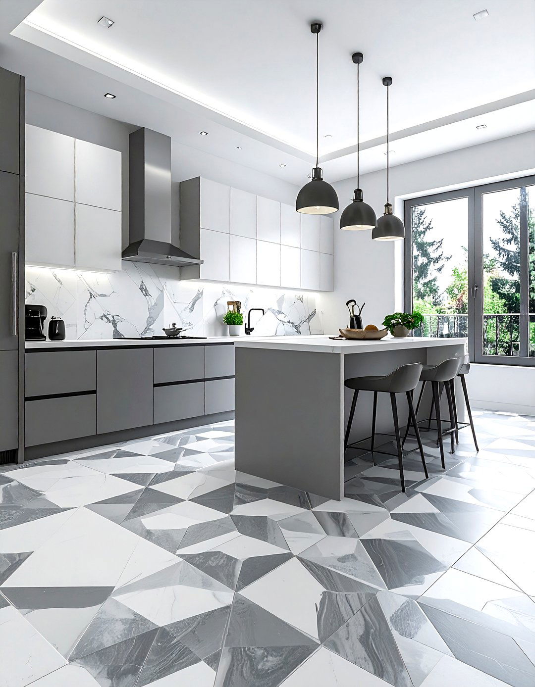 Grey And White Kitchen With Patterned Floor - 30 grey and white kitchen ideas