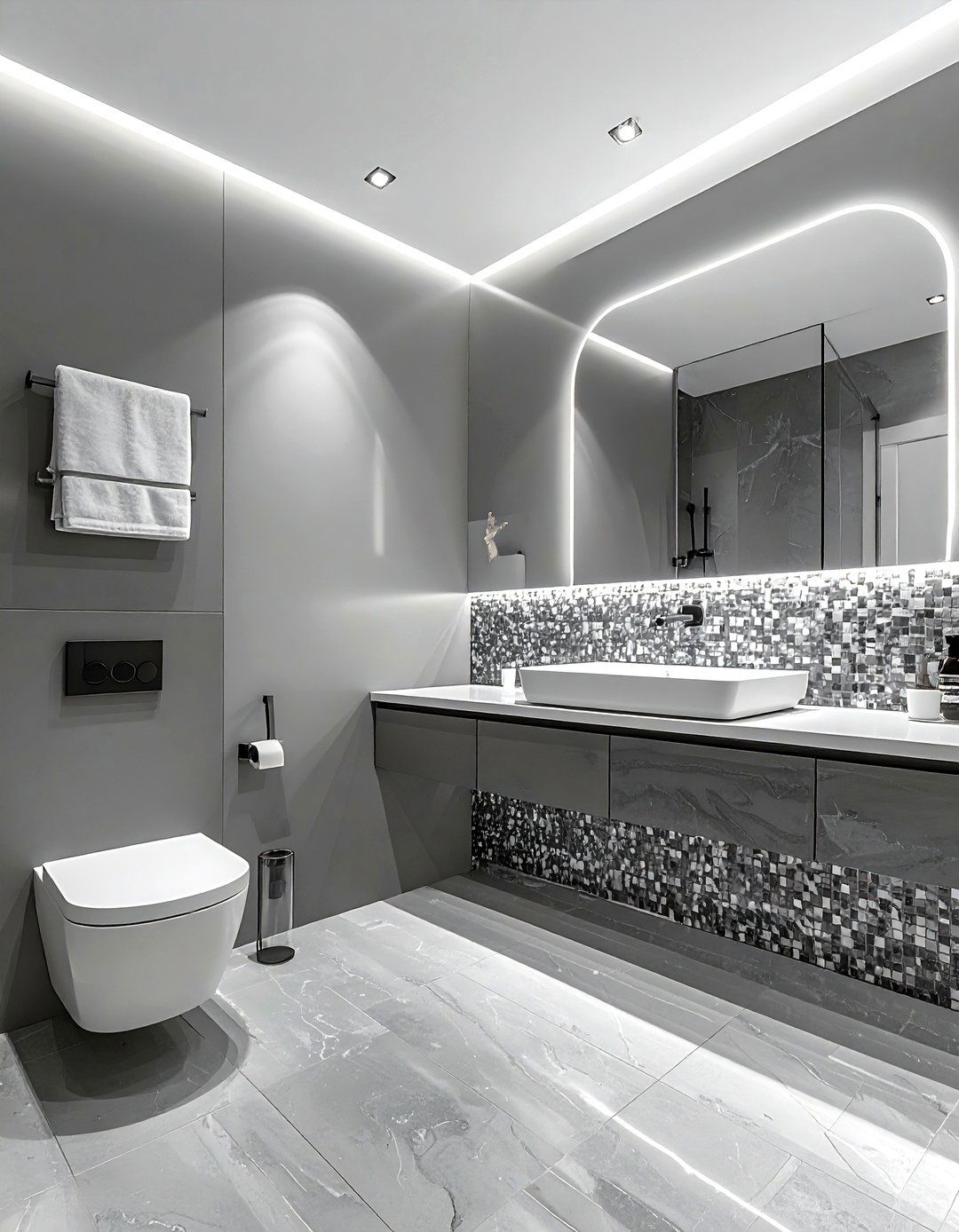 Grey Bathroom With Mosaic Tile Backsplash - 30 grey bathroom design ideas