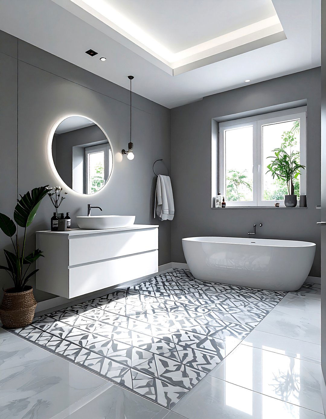 Grey Bathroom With Patterned Floor - 30 grey bathroom design ideas