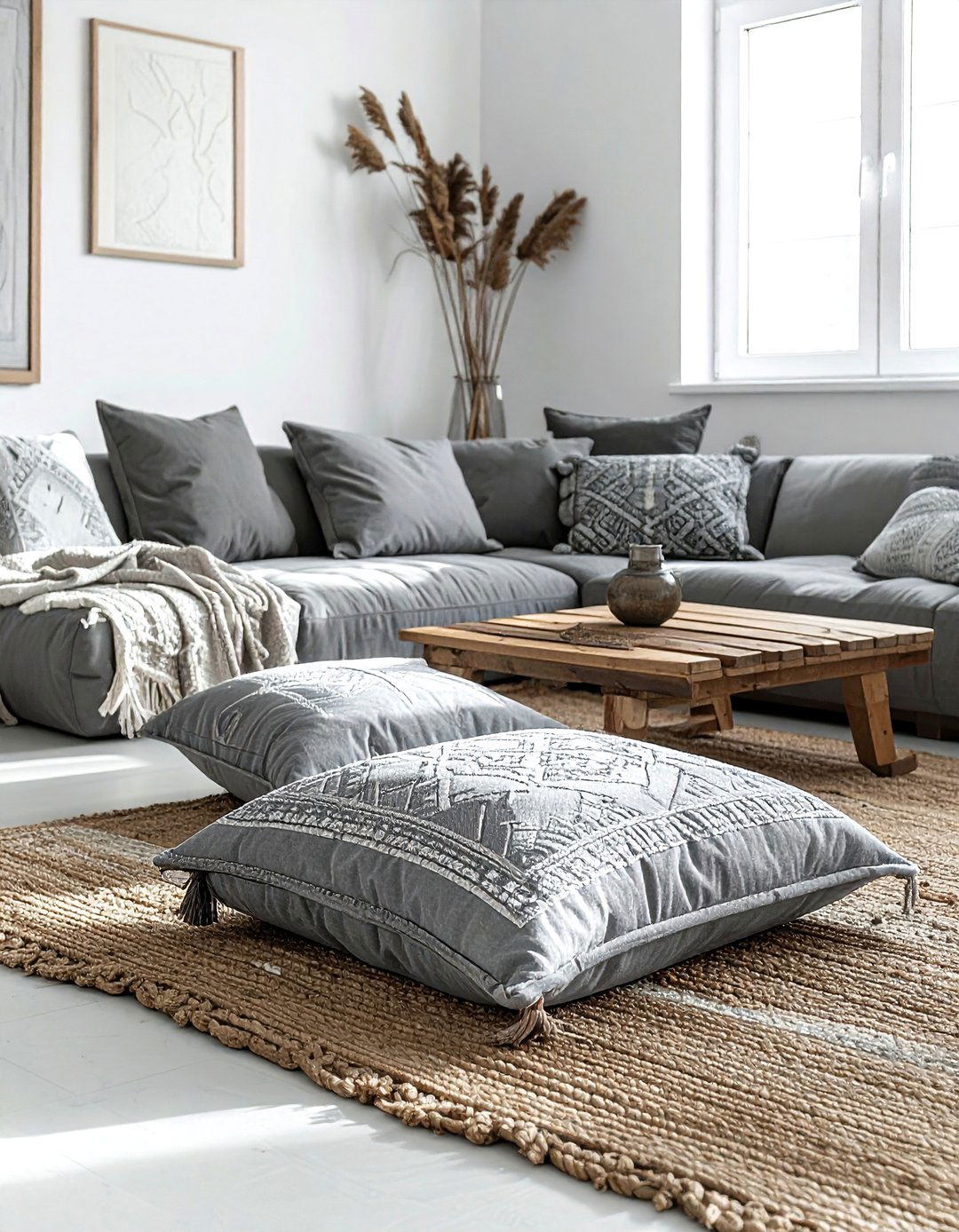 Grey Boho Living Room Floor Cushions - 30 bohemian grey living room ideas