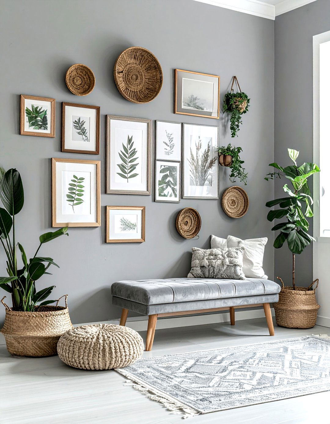 Grey Boho Living Room Gallery Wall - 30 bohemian grey living room ideas