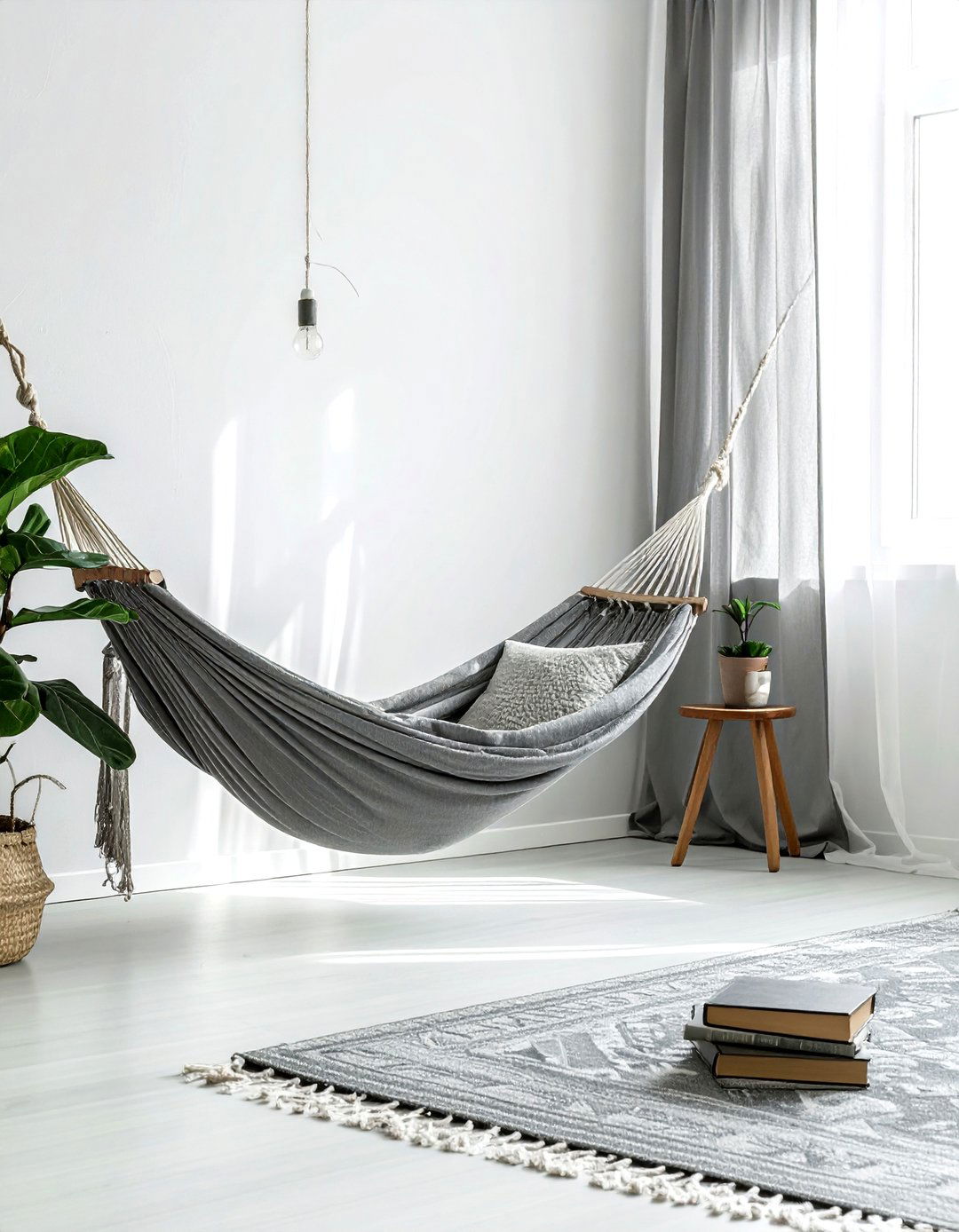 Grey Boho Living Room Hammock Chair - 30 bohemian grey living room ideas