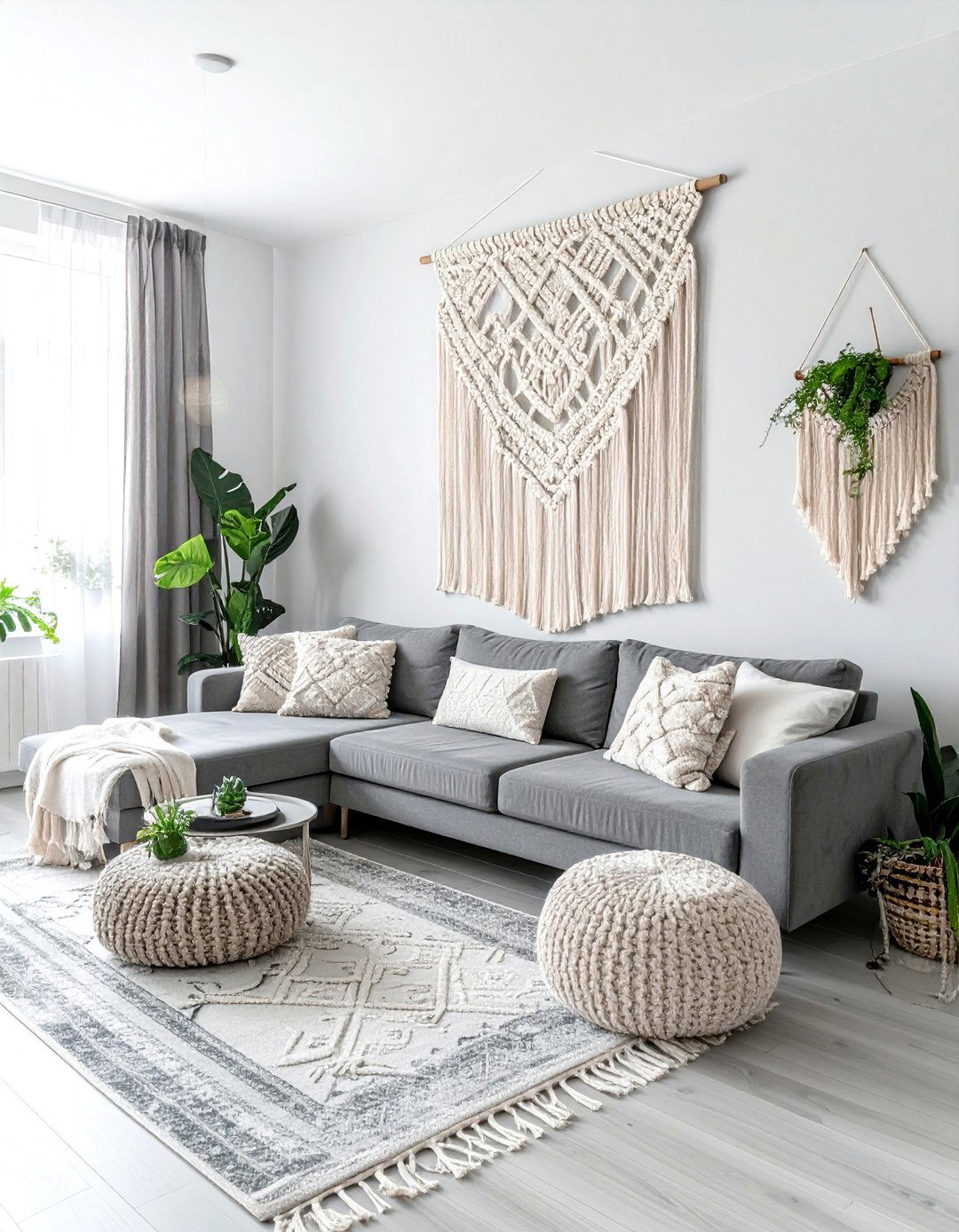 Grey Boho Living Room Macrame Decor - 30 bohemian grey living room ideas