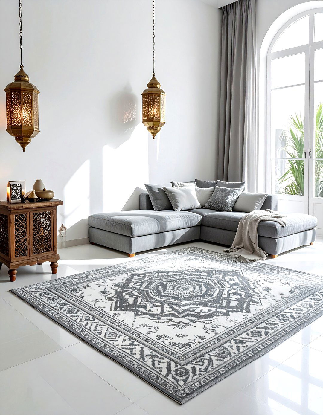 Grey Boho Living Room Moroccan Rug - 30 bohemian grey living room ideas