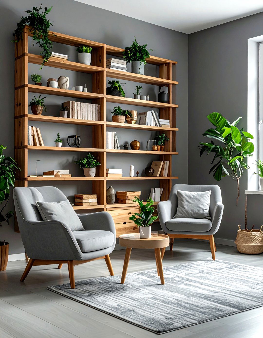 Grey Boho Living Room Open Shelving - 30 bohemian grey living room ideas