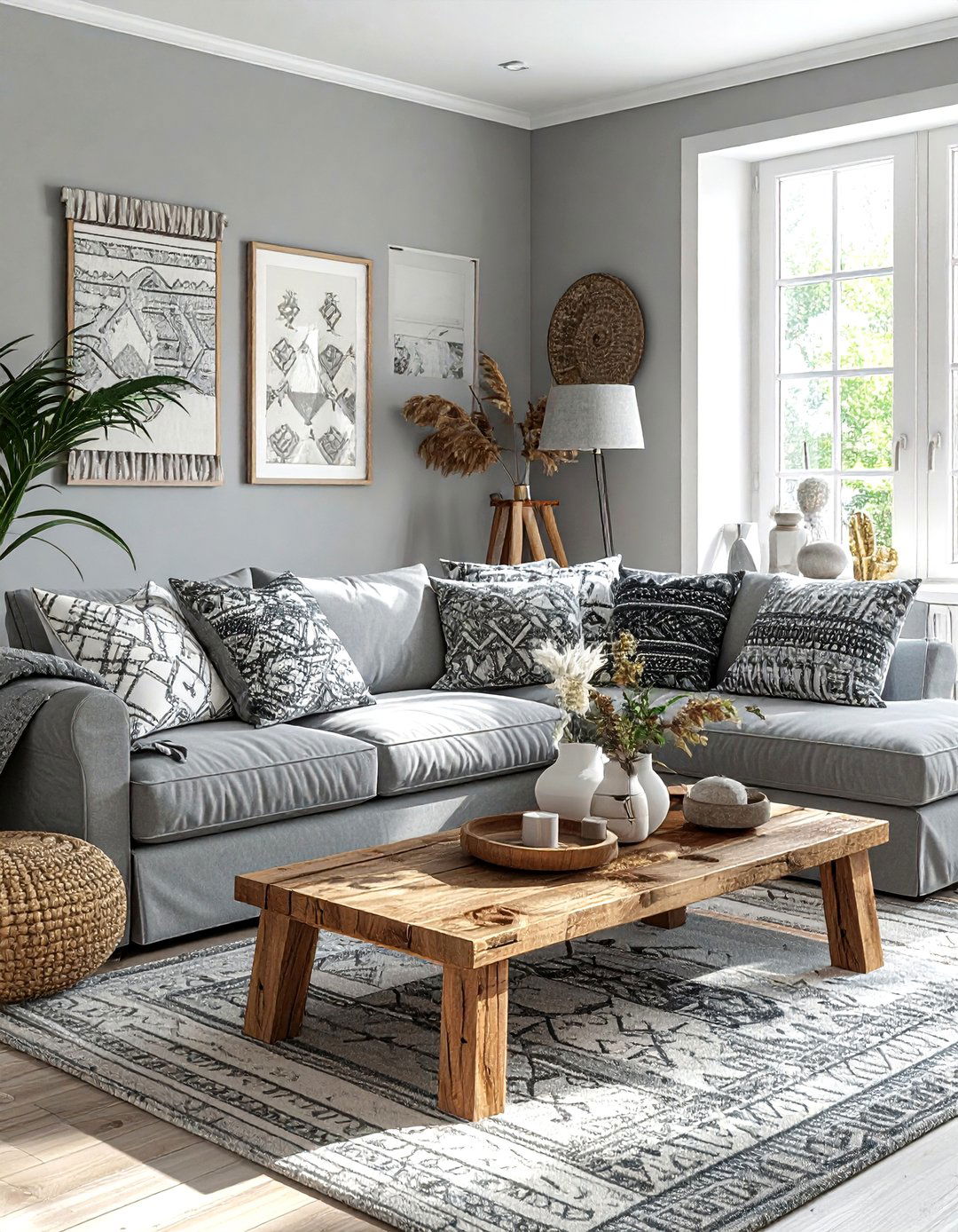 Grey Boho Living Room Patterned Pillows - 30 bohemian grey living room ideas