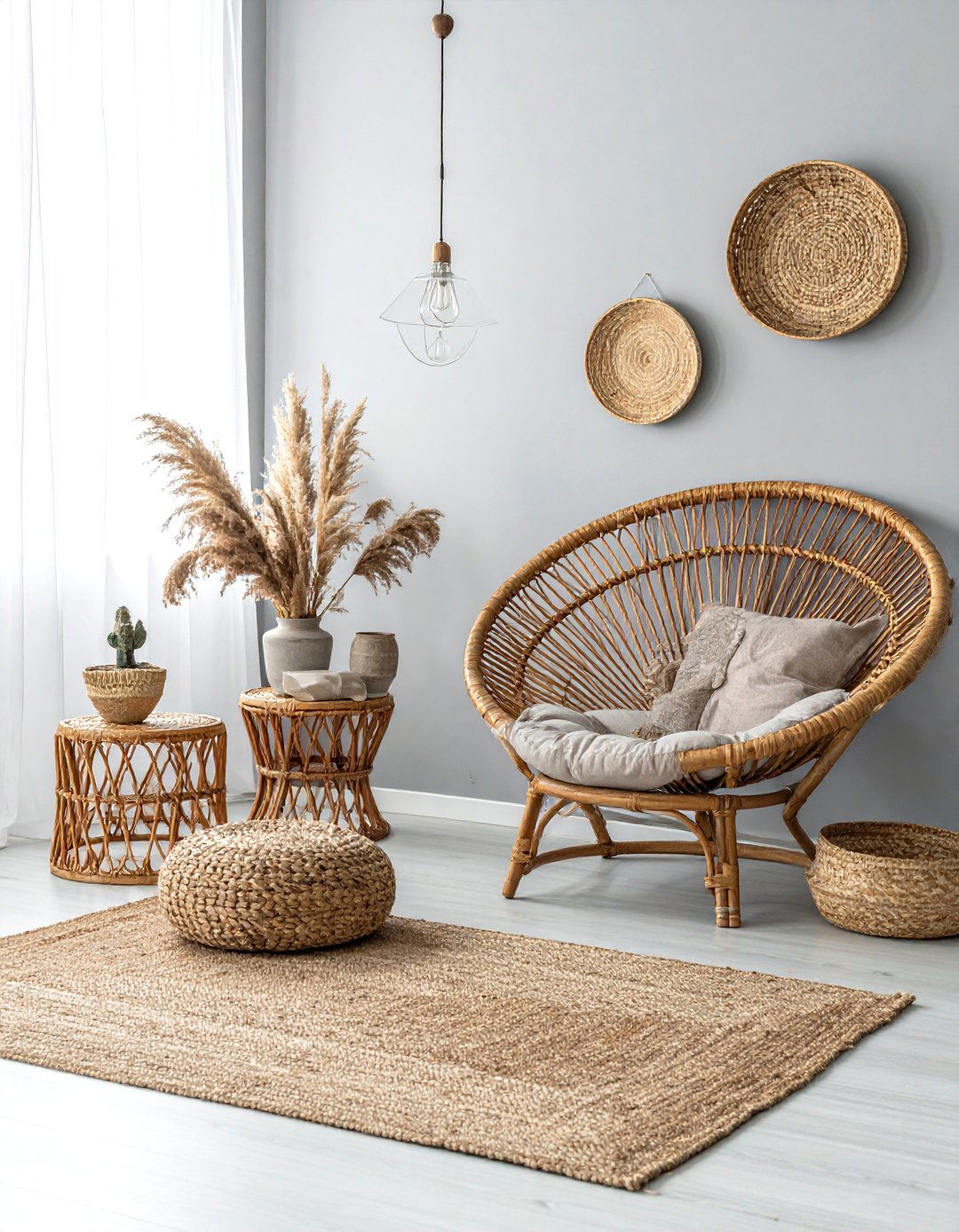 Grey Boho Living Room With Rattan - 30 bohemian grey living room ideas