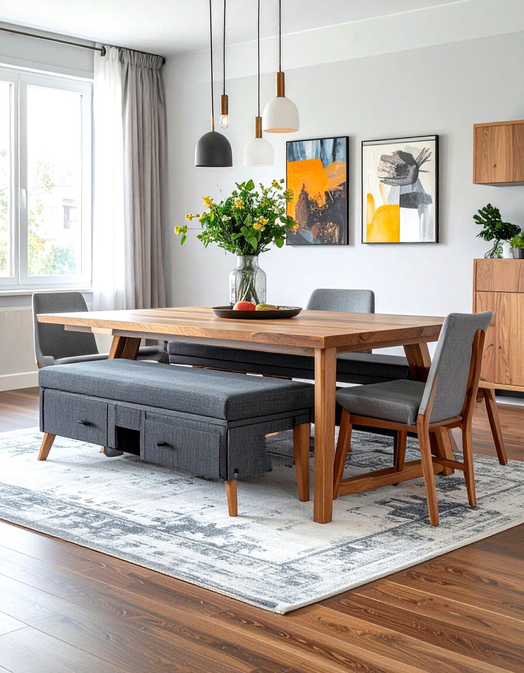 Grey Fabric Bench with Pull Out Drawers - 30 storage dining bench ideas