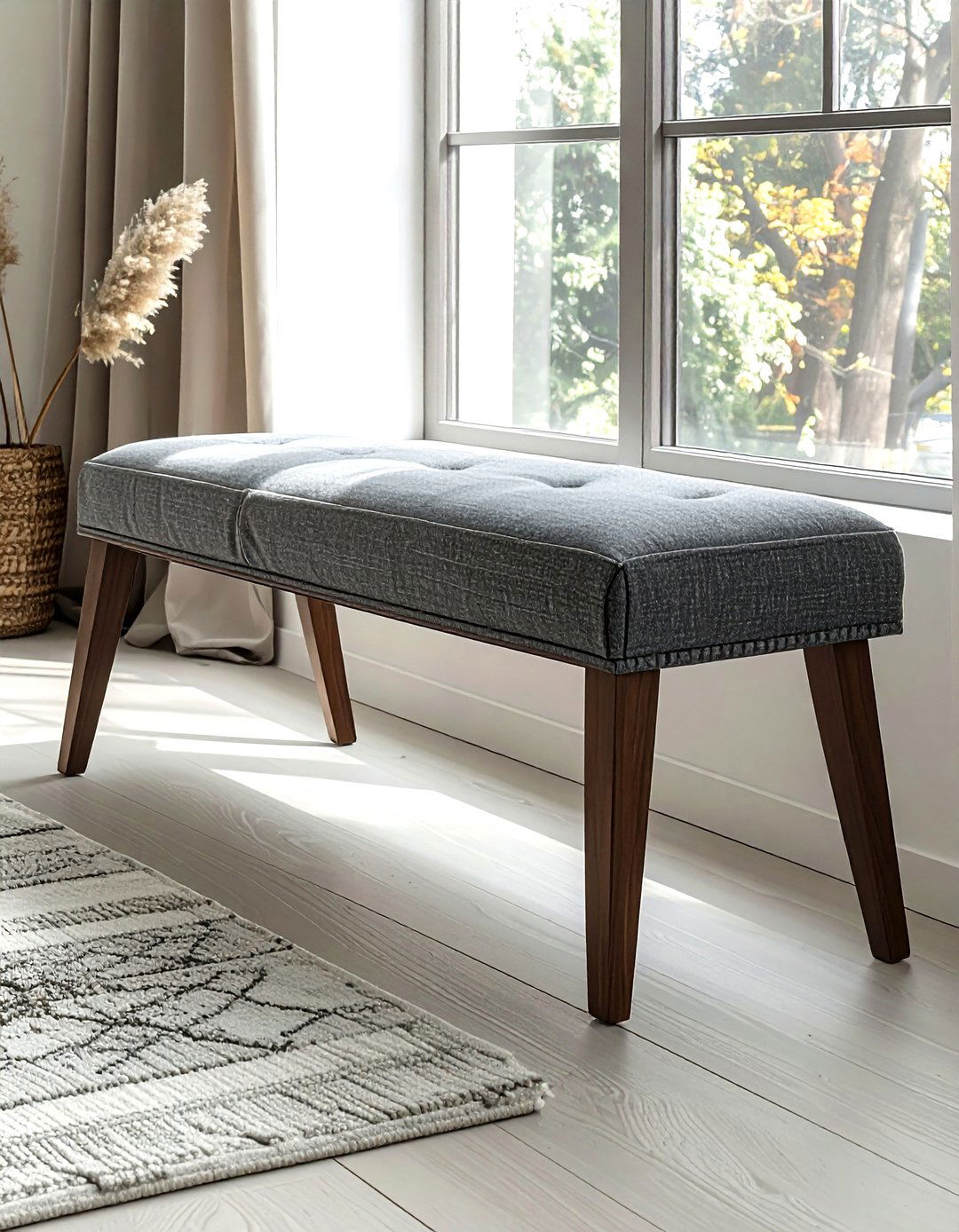 Grey Fabric Bench - 30 gray bedroom furniture ideas