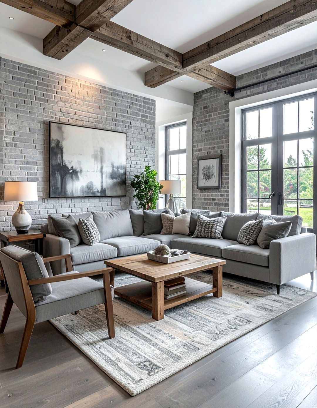 Grey Farmhouse Living Room With Exposed Brick - 30 farmhouse grey living room ideas