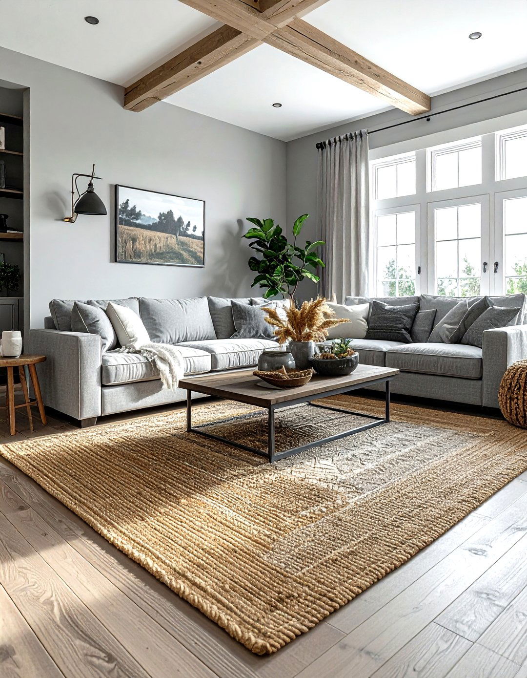 Grey Farmhouse Living Room With Jute Rug - 30 farmhouse grey living room ideas