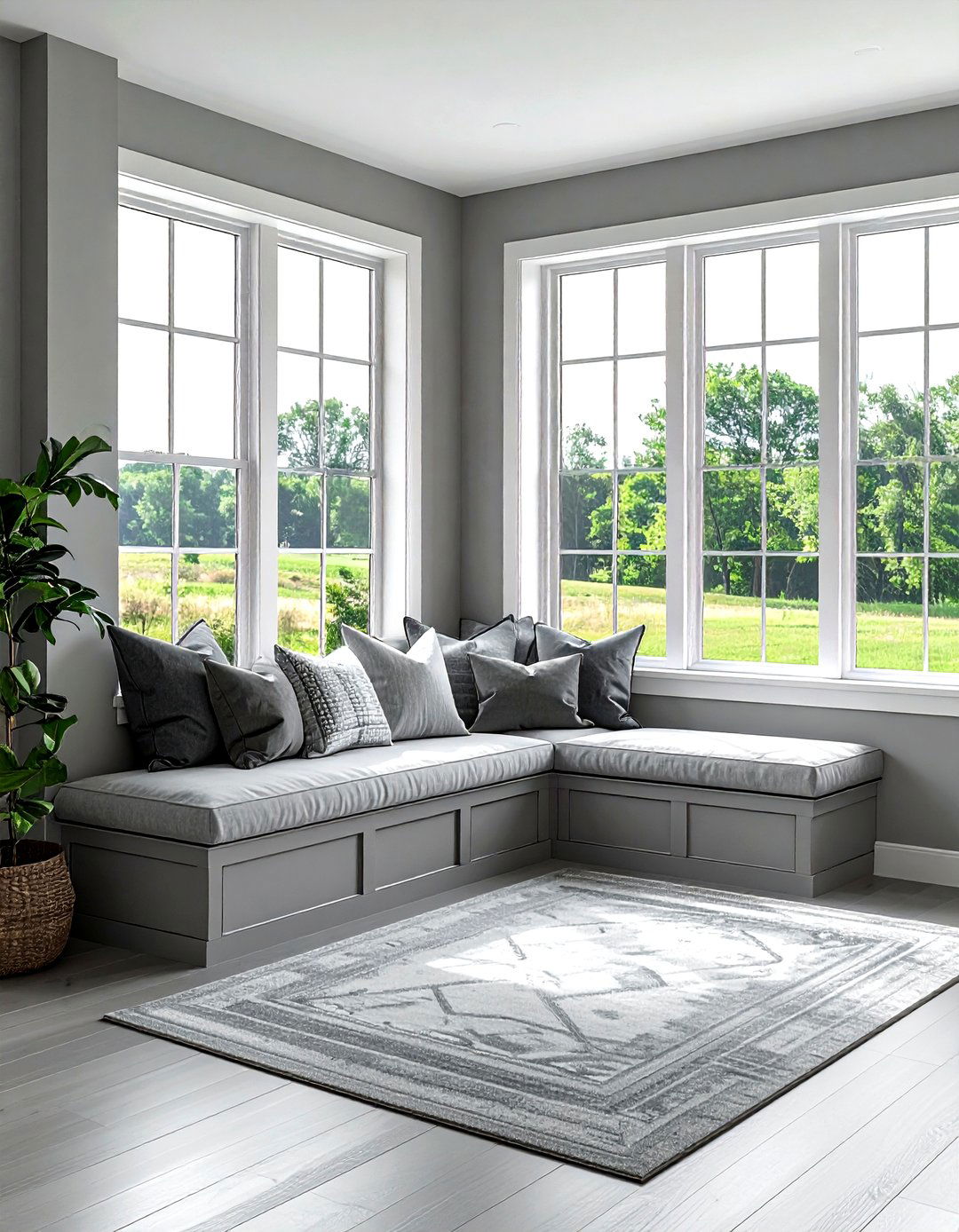 Grey Farmhouse Living Room With Window Seat - 30 farmhouse grey living room ideas