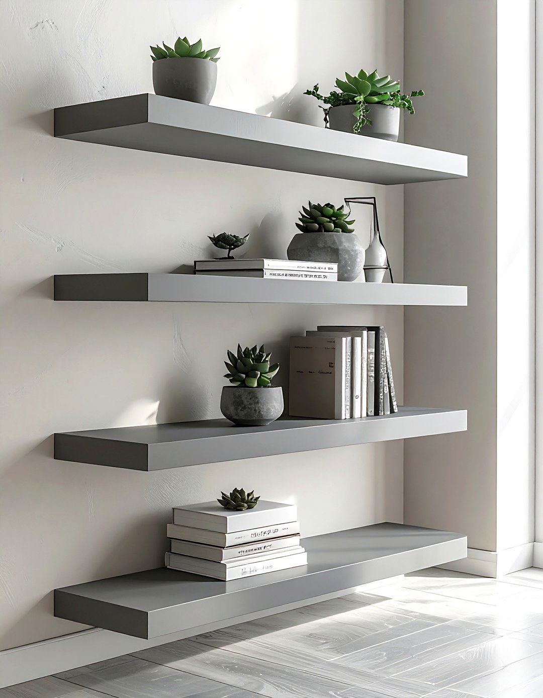 Grey Floating Shelves - 30 gray bedroom furniture ideas