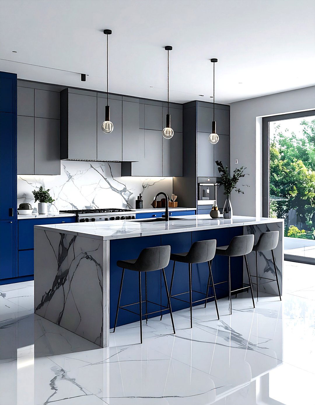 Grey Kitchen With Blue Island - 30 grey kitchen decor ideas