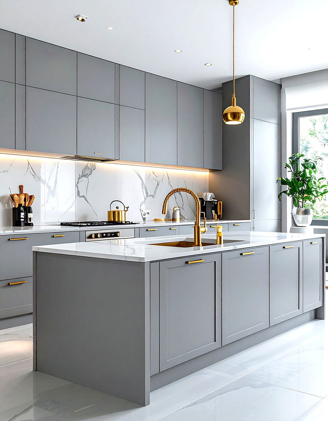 Grey Kitchen With Gold Faucet - 30 grey kitchen decor ideas