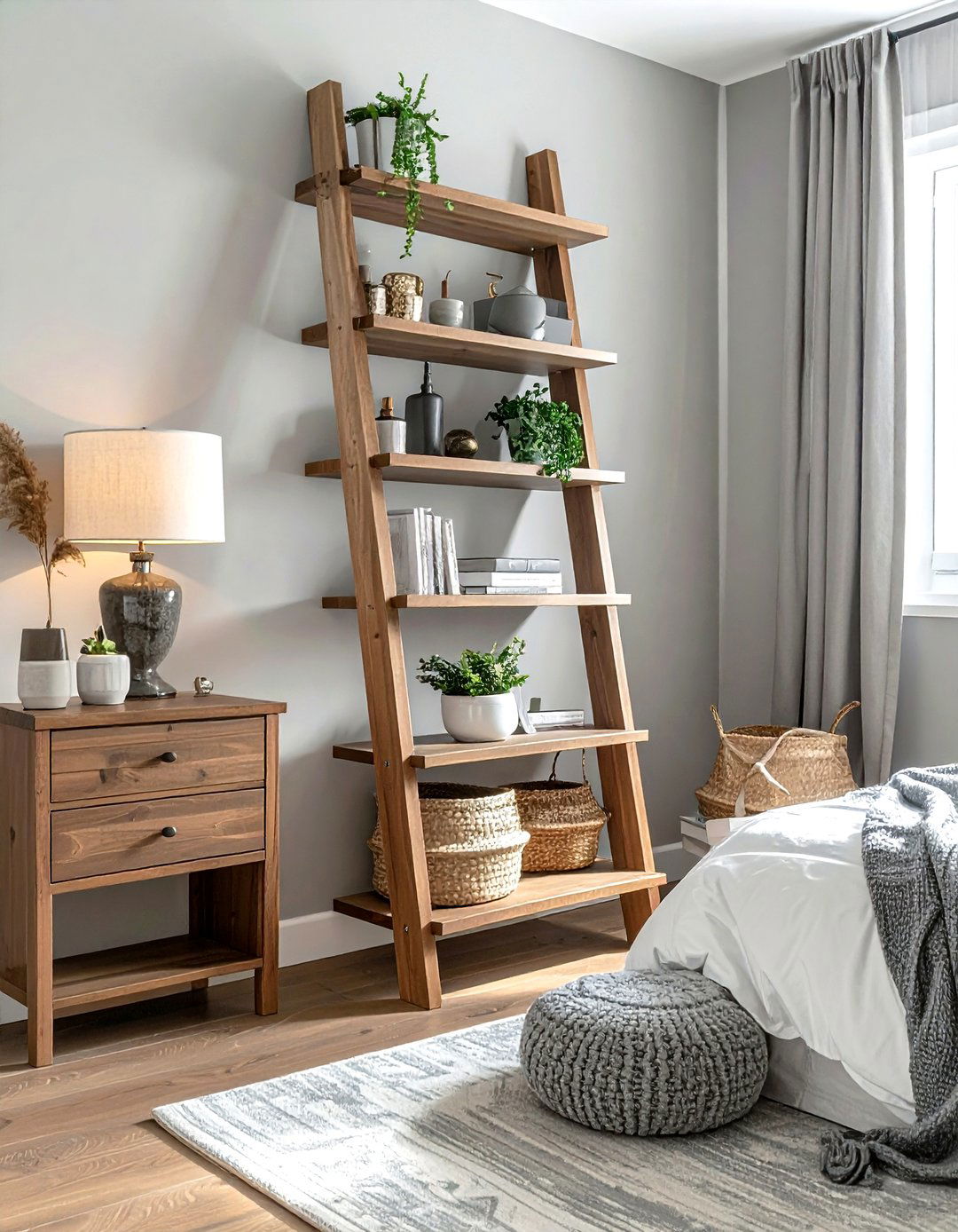 Grey Ladder Shelf - 30 gray bedroom furniture ideas