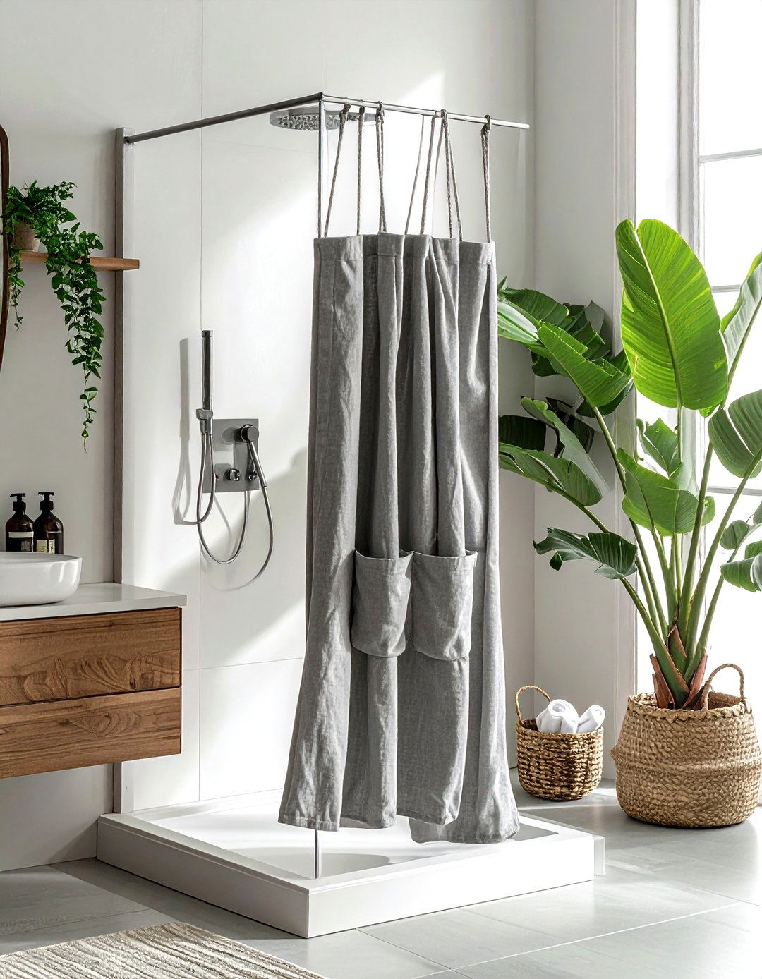 Grey Linen Shower Organizer - 30 grey bathroom accessories ideas