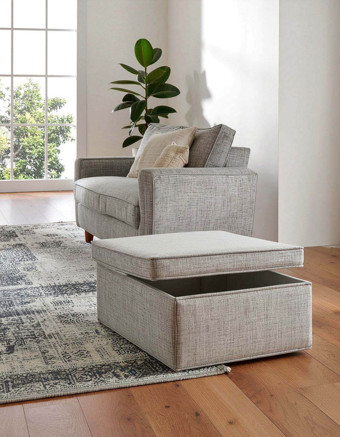 Grey Linen Storage Ottoman - 30 living room footstool ideas