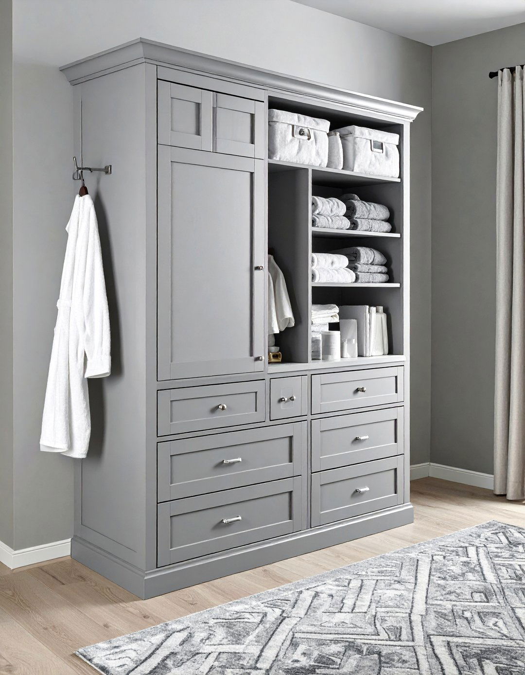 Grey Linen Tower Cabinet - 30 grey bathroom furniture ideas