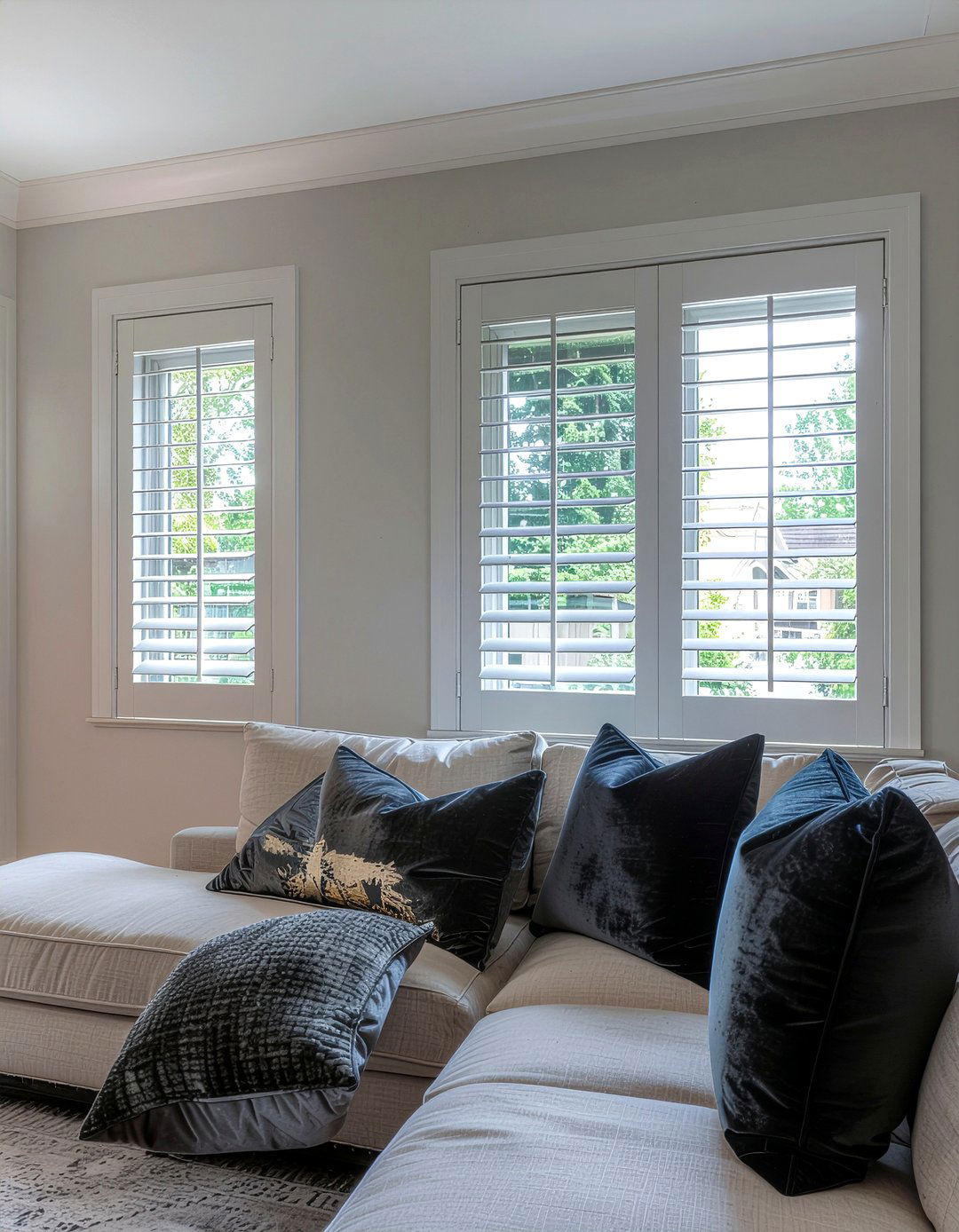Grey Plantation Shutters - 30 living room plantation shutters