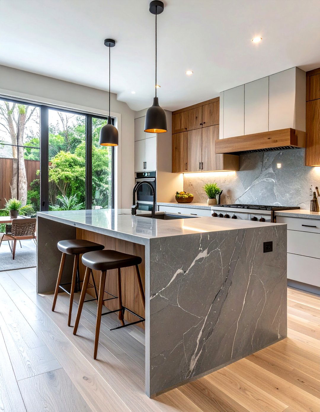 Grey Quartz Waterfall Island - 30 waterfall kitchen island ideas