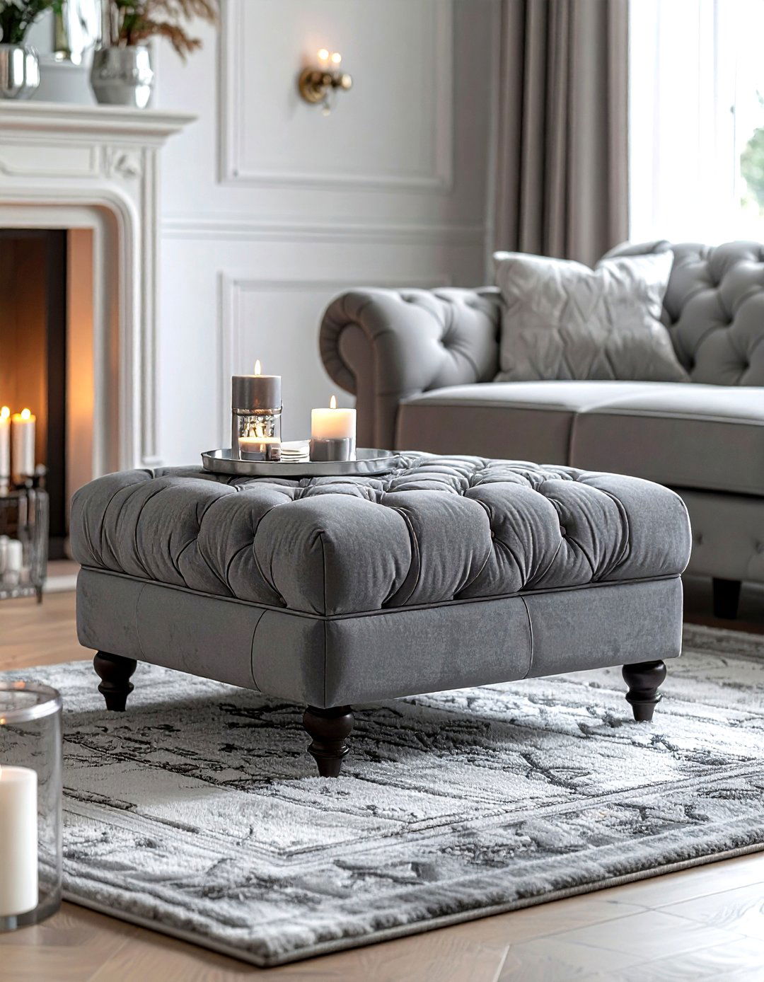 Grey Tufted Ottoman - 30 gray bedroom furniture ideas
