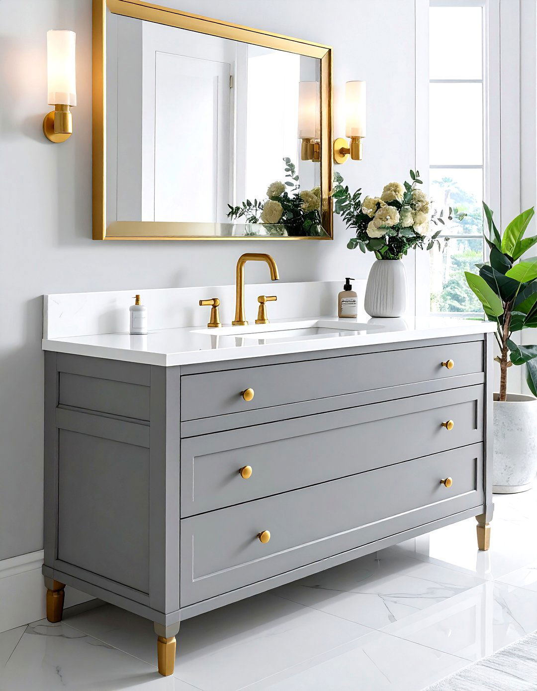 Grey Vanity With Gold Handles - 30 grey bathroom furniture ideas