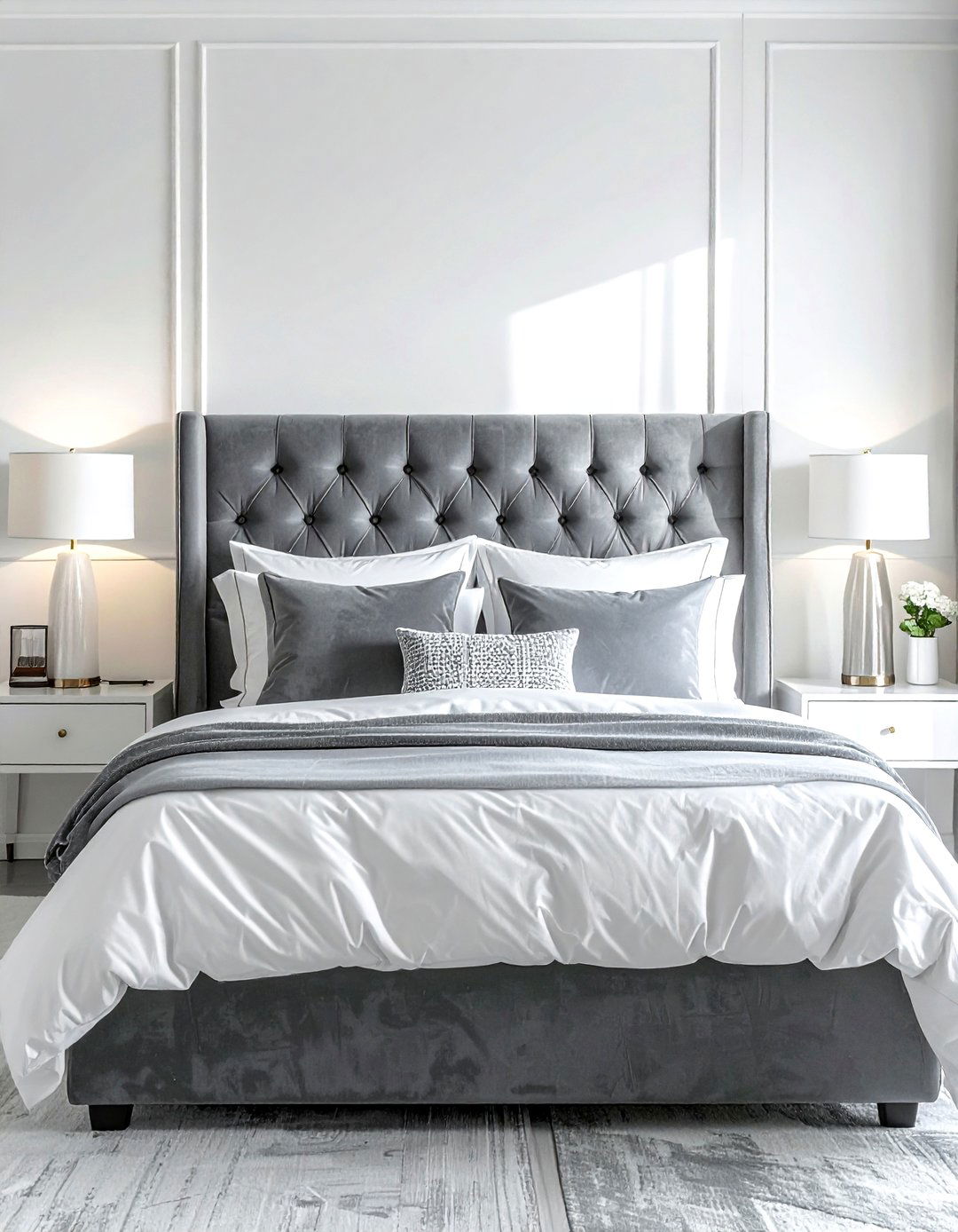 Grey Velvet Headboard White Walls - 30 grey and white bedroom ideas