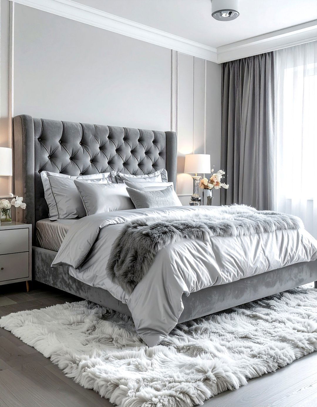 Grey Velvet Headboard - 30 gray bedroom furniture ideas