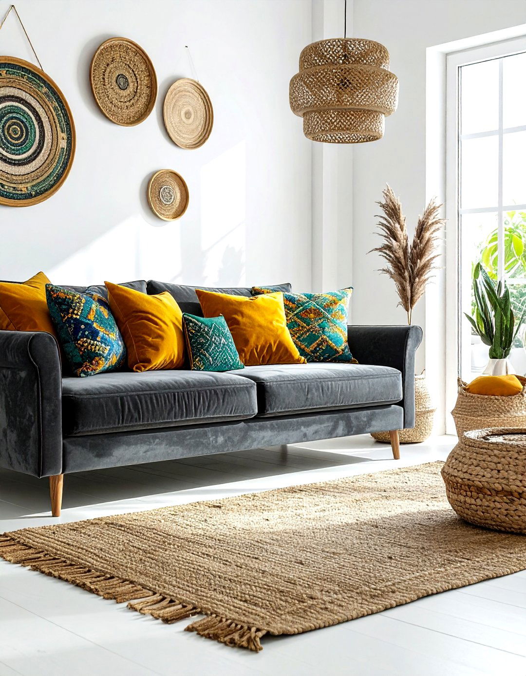 Grey Velvet Sofa Boho Living Room - 30 bohemian grey living room ideas