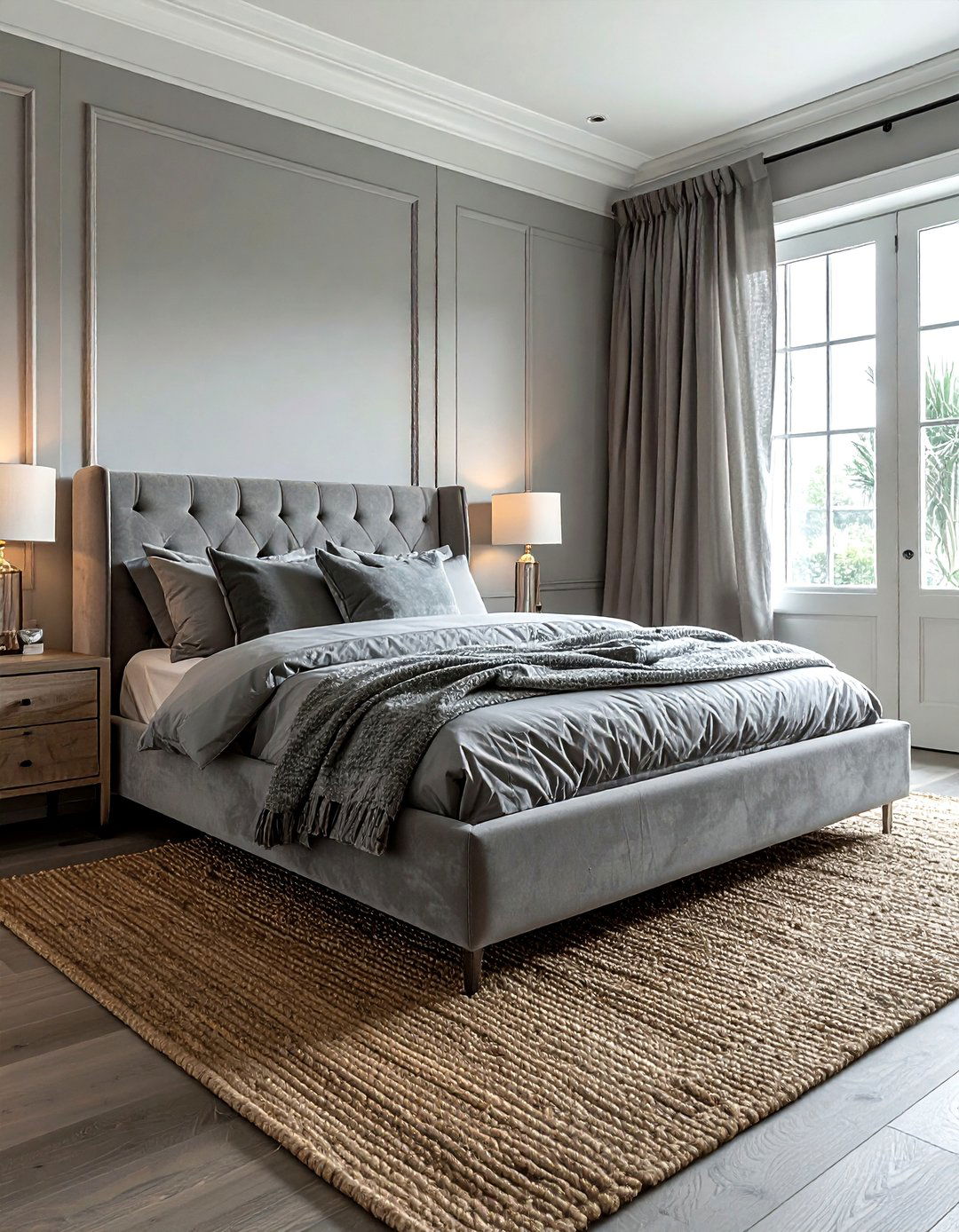 Grey Velvet and Jute Fusion - 30 coastal grey bedroom ideas