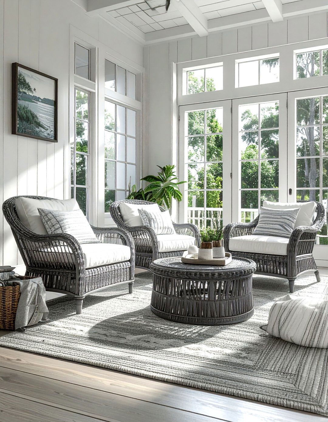 Grey Wicker Coastal Living Room - 30 coastal grey living room ideas