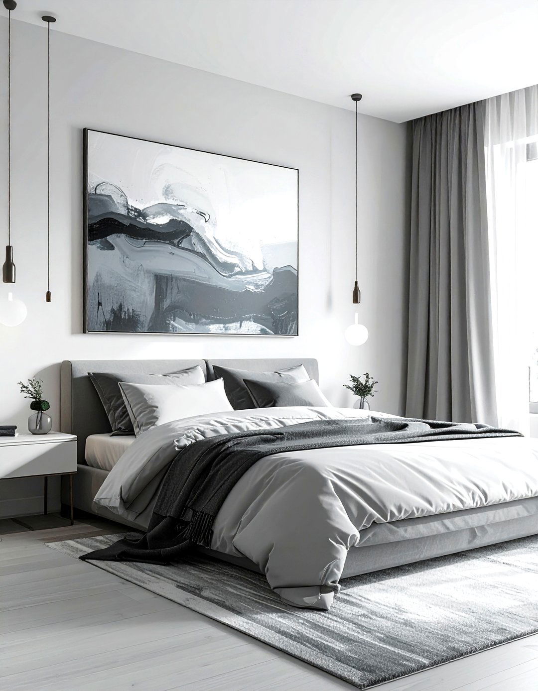 Grey abstract wall art - 30 grey bedroom accessories ideas