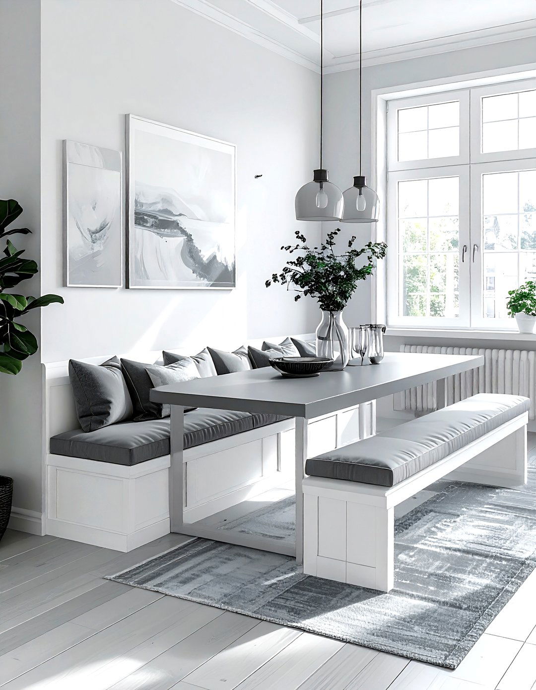 Grey and White Dining Room Bench Seating - 30 grey and white dining room ideas