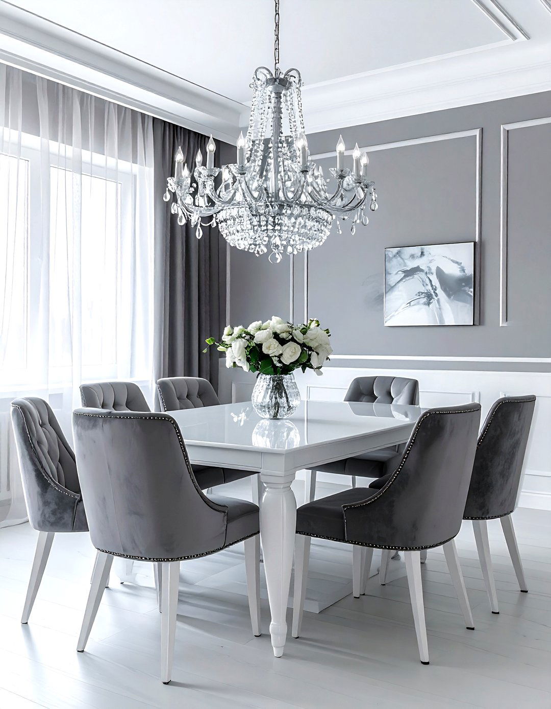 Grey and White Dining Room Chandelier - 30 grey and white dining room ideas