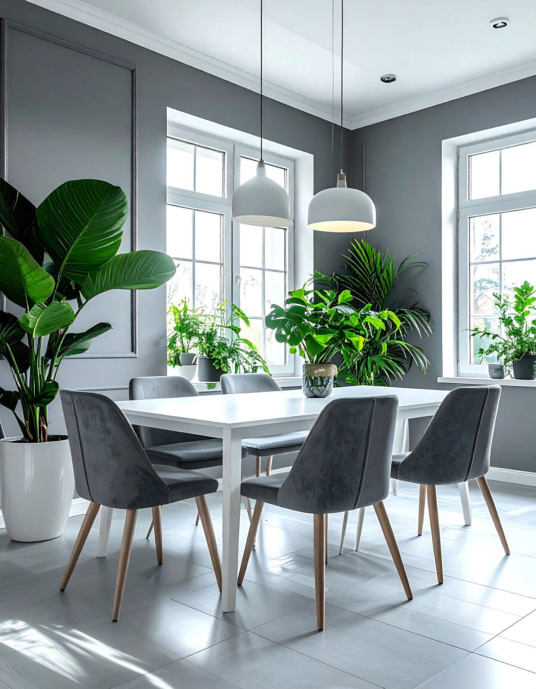 Grey and White Dining Room Greenery - 30 grey and white dining room ideas