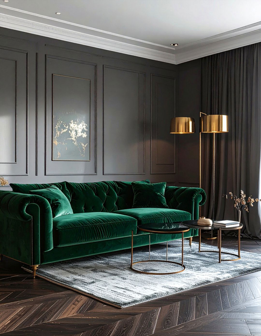 Grey and emerald green living room - 30 contemporary grey living room ideas