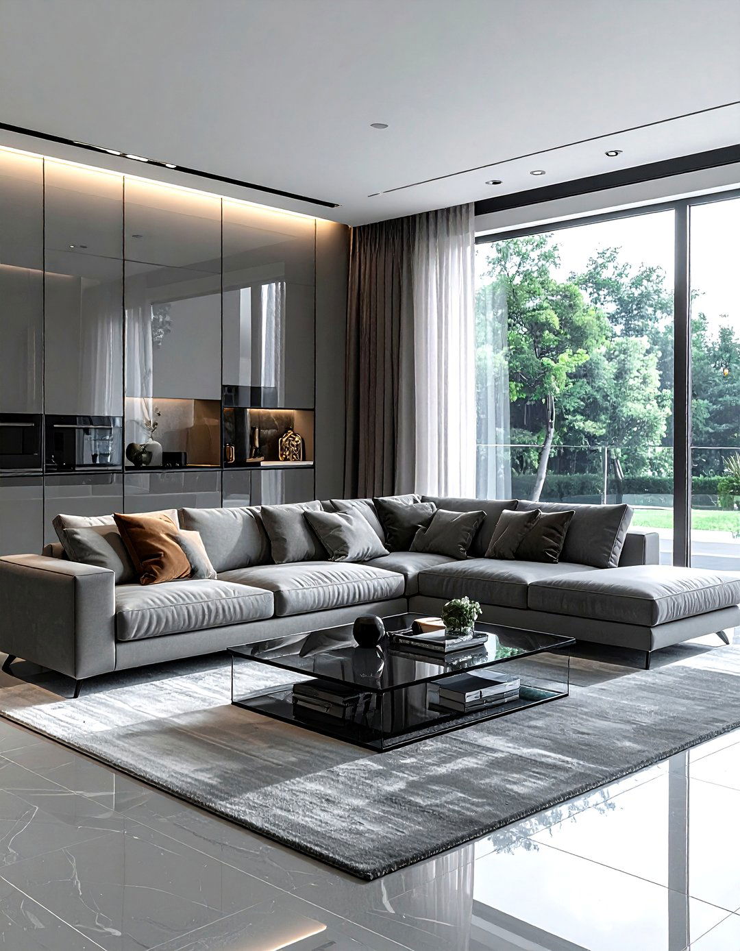 Grey and glass living room - 30 minimalist grey living room ideas