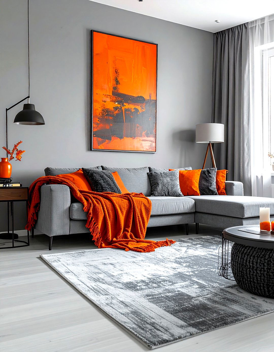 Grey and orange living room - 30 grey living room ideas