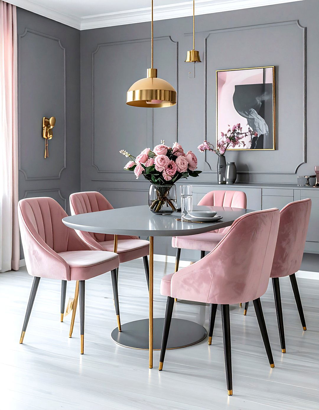 Grey and pink dining room - 30 grey dining room ideas